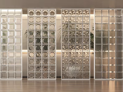 Glass Room Dividers with Various Patterns in Modern Interior Featuring Wooden Floor and Green Plants 3d model