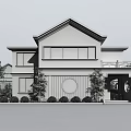 Modern Detached Villa With White Exterior Large Windows Balcony And Green Plants