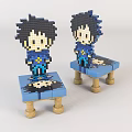 Blue Sofa Stool With Wooden Legs Featuring Pixel Art Character Design 3d model