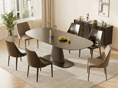 Modern Oval Dining Table Set With Six Brown Chairs Plant Window Fruit Bowl And Vase 3d model