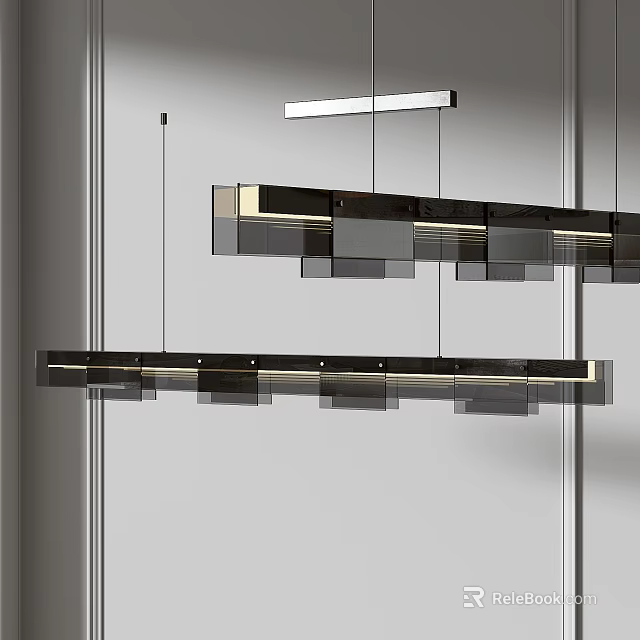 Modern Linear Chandelier With Metallic Frame And Glass Modules For Interior Design 3d model