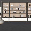 Modern Wooden Bookcase Featuring Shelves with Books Decorations Near White Chair on Gray Floor