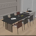 Modern Dark Dining Table With Gray Brown Chairs And Kitchen Island Near Window Blinds