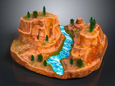 Detailed Rocky Mountain Terrain Model With Flowing River And Green Trees 3d model