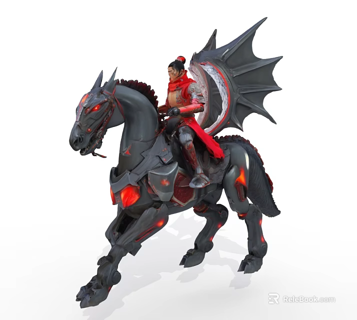 Game Movie Character Riding Black Mechanical Horse With Red Glowing Eyes Dragon Wing Shield 3d model 