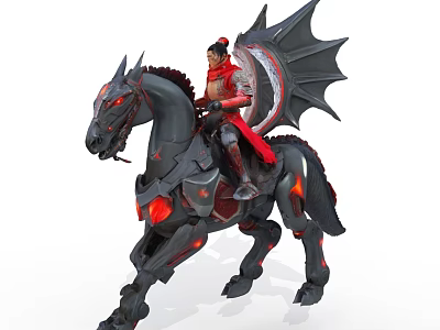 Game Movie Character Riding Black Mechanical Horse With Red Glowing Eyes Dragon Wing Shield 3d model