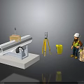 Construction Site Setup With White Pipe Tripod Yellow Bucket Worker And Wooden Planks