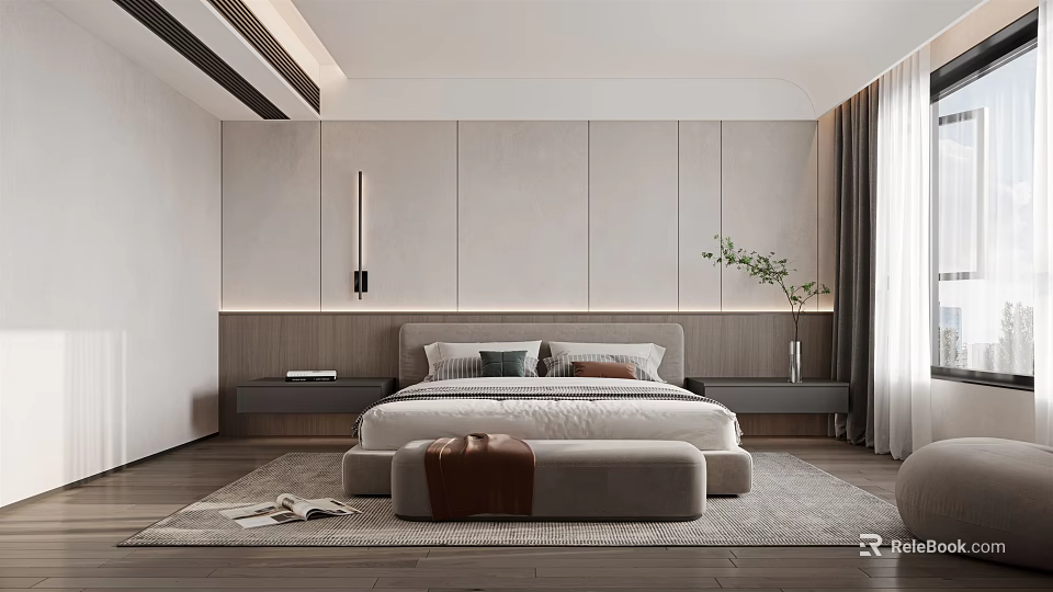 Modern Bedroom Interior Design with Platform Bed Nightstands and Green Plant 3d model 