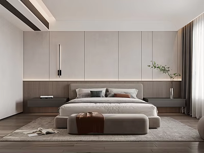 Modern Bedroom Interior Design with Platform Bed Nightstands and Green Plant 3d model