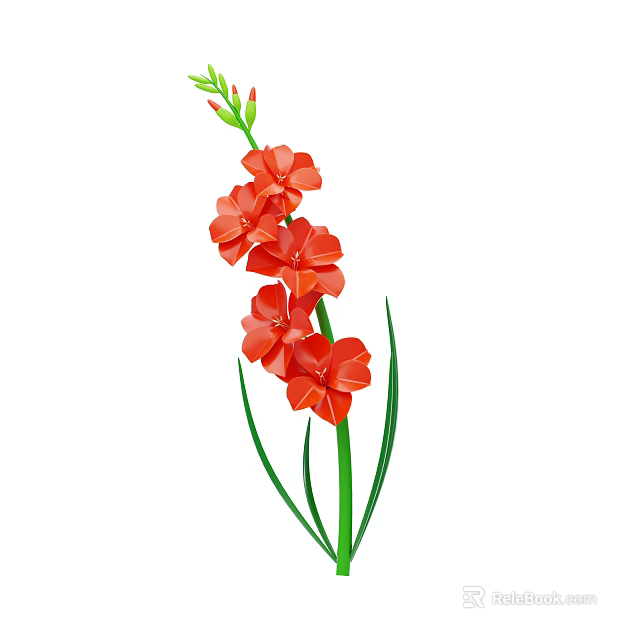 Vibrant Red Flowers With Green Stems Leaves And Unopened Flower Buds 3d model 