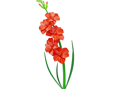 Vibrant Red Flowers With Green Stems Leaves And Unopened Flower Buds 3d model
