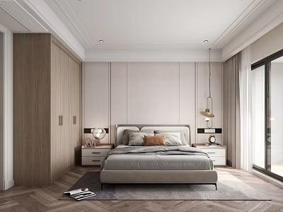 Modern Minimalist Bedroom Interior With Bed Nightstands Hanging Lamps And Herringbone Wooden Floor 3d model