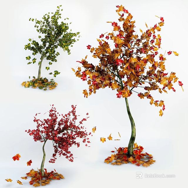 Arbor Trees With Green Red And Orange Leaves In Autumn Season With Falling Leaves 3d model 