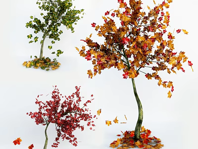 Arbor Trees With Green Red And Orange Leaves In Autumn Season With Falling Leaves 3d model
