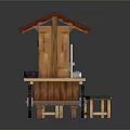 Traditional Street Food Stall With Red Roof Wooden Structure Food Items Small Stool And Table
