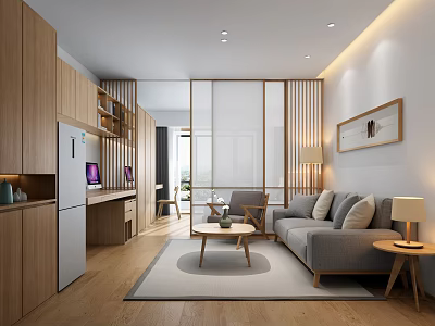 Modern Apartment Interior With Open Layout Wooden Cabinets Sofa And Coffee Table 3d model