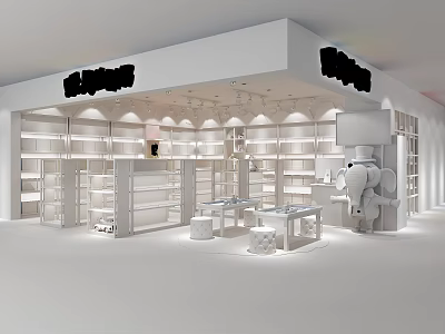 Modern Shopping Mall Store With White Interior Shelves And Elephant Decor 3d model