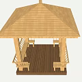 Outdoor Wooden Pavilion With Carved Railings Roof Benches And Platform Design