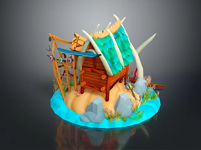 Cartoon Hut Scene With Green Roof Wooden Structure Water Rocks Plants And Decorative Elements 3d model