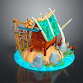 Cartoon Hut Scene With Green Roof Wooden Structure Water Rocks Plants And Decorative Elements