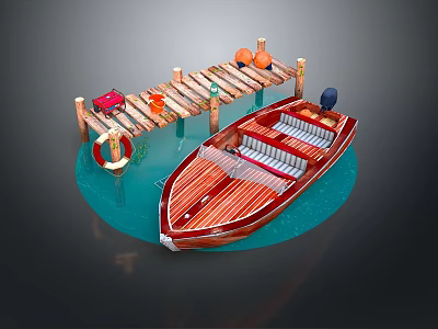Brown Wooden Boat With Seats Steering Wheel Near Wooden Dock Lifebuoy Red Box Orange Buoys 3d model