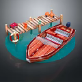 Brown Wooden Boat With Seats Steering Wheel Near Wooden Dock Lifebuoy Red Box Orange Buoys