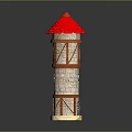 3D Model Tower With Red Roof Multi Level Stone Structure Wooden Beams And Yellow Base