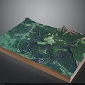 3D Topographic Model With Detailed Terrain Green Vegetation Mountain Ranges White Paths And Wooden Base