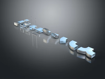 3D Metallic Puzzle Pieces Arranged On Reflective Gray Surface With Glossy Finish 3d model
