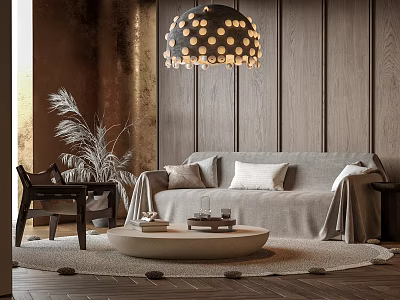 Cozy Grey Sofa And Coffee Table Set With Pillows Blanket Wooden Wall Pendant Light 3d model