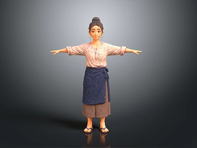Traditional Female 3D Character Model With Pink Top Blue Apron And Open Arms Pose 3d model