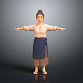 Traditional Female 3D Character Model With Pink Top Blue Apron And Open Arms Pose