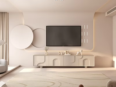 Modern Minimalist TV Background Wall Design With Circular Decorations Recessed Lighting And White TV Stand 3d model