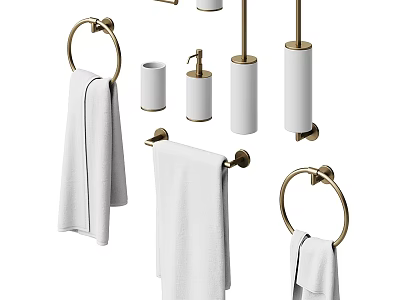 Modern Bathroom Accessories Set With Gold Brass Towel Racks Toilet Paper Holders And Soap Dispensers 3d model
