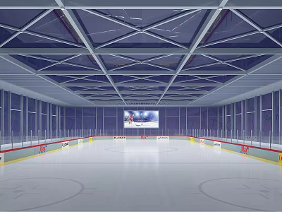 Indoor Ice Rink Featuring Transparent Glass Walls Geometric Ceiling Large Screen And Marked Ice Surface 3d model