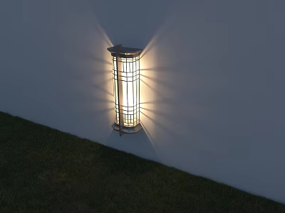 Modern Wall Sconce with Metal Frame and Glass Illuminating White Wall Above Green Grass 3d model
