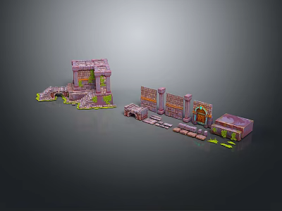 Pink Themed Scene Building Components With Arched Walls Stairs And Green Accents 3d model