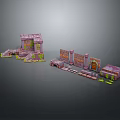 Pink Themed Scene Building Components With Arched Walls Stairs And Green Accents