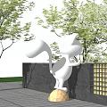 White Cat Sculpture Leaning On Black Scenic Wall With Green Plants Around