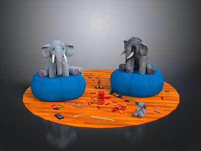 Two Elephant Dolls On Blue Bean Bags With Colorful Blocks Small Toys And Orange Carpet 3d model