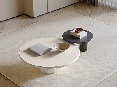 Modern White And Black Coffee Tables On Beige Rug With Book Cup Box And Bowl 3d model