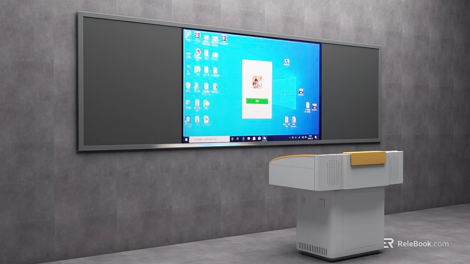 Modern Widgets On Blue Screen Interface Showing Icons Document And White Podium 3d model 