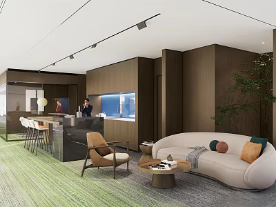 Modern Public Office Space With Stylish Sofa Coffee Table Green Plants And Soft Lighting 3d model