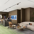 Modern Public Office Space With Stylish Sofa Coffee Table Green Plants And Soft Lighting