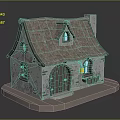 Cartoon Cottage Scene With Stone Walls Wooden Door Chimney Round Windows And Hanging Lantern