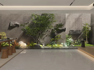 Modern Lounge Room Interior With Stone Wall Green Plants And Wooden Furniture 3d model