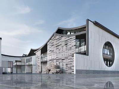 Modern Museum Building Design With Stone Wall Circular Window And Curved Roof 3d model