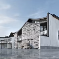 Modern Museum Building Design With Stone Wall Circular Window And Curved Roof