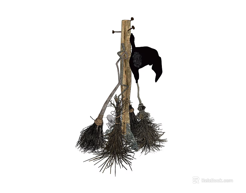 Household Cleaning Tools Hanging on Wooden Pole with Natural Bristle Brooms and Mops 3d model 