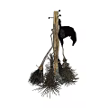 Household Cleaning Tools Hanging on Wooden Pole with Natural Bristle Brooms and Mops